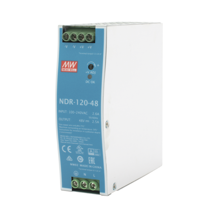 [WIT-NDR-120-48] Fuente de poder industrial de 120 W, salida 48 Vcc, entrada 90~264 VCA, para montaje en riel DIN. Witek
