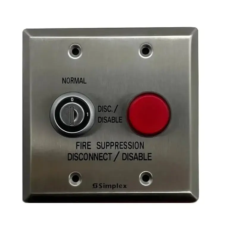 [SPL-2080-9059] Interruptor de desconexión con luz indicadora montaje sobrepuesto (flush mount). Función principal es permitir deshabilitar de manera segura los circuitos de liberación del sistema durante tareas de servicio, evitando descargas accidentales del agente extintor. Sistemas de supresión. Simplex  