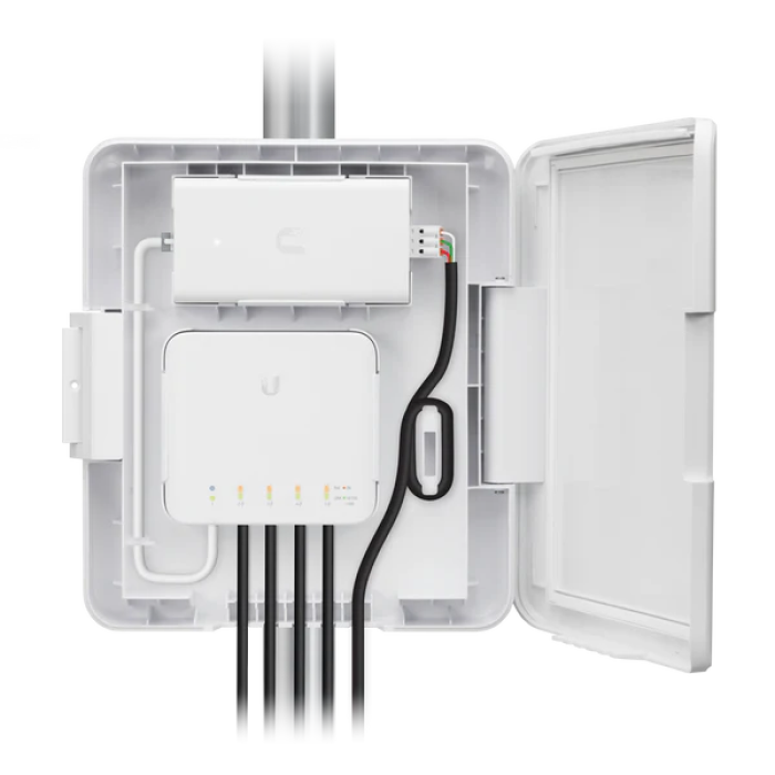 UniFi Switch Flex Utility | Gabinete Exterior para USW-Flex · Alimentación AC 60W · Montaje en Pared o Poste