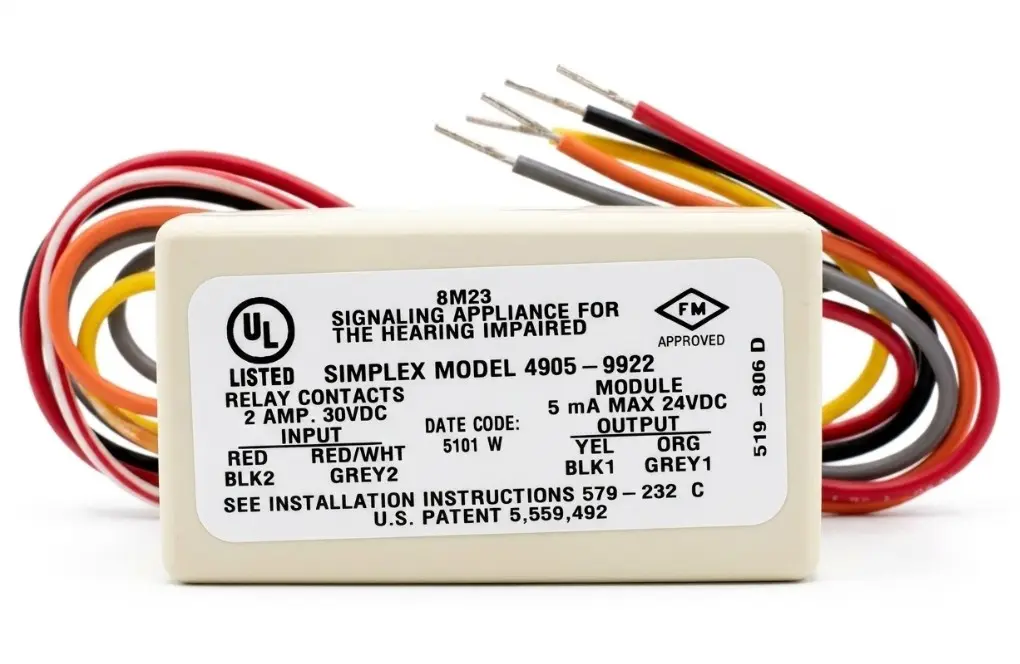 [SPL-4905-9922] Módulo de sincronización de destellos (modelo 4905-9922) encapsulado en epoxi para mayor protección. Soporta una carga de circuito de notificación (NAC) de hasta 2 A con un consumo mínimo de 5 mA. Simplex
