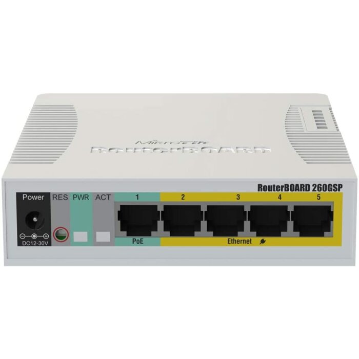 [MIK-CSS106-1G-4P-1S] RouterBOARD RB260GSP 5-port Gigabit Smart Switch with SFP cage, SwOS, plastic case, PSU, PoE-Out. Mikrotik
