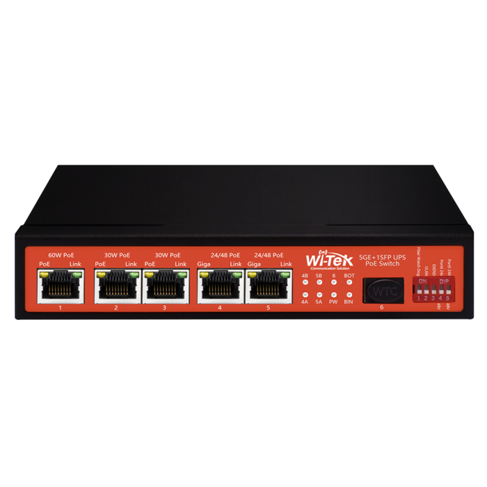 [WIT-WI-PS306GF-UPS-15A] Switch No Administrable de 5 puertos Gigabit PoE (802.3af/at/bt y Pasivo de 24 Vcc) + 1 puerto SFP Gigabit, con controlador de carga para baterías. Wi-Tek