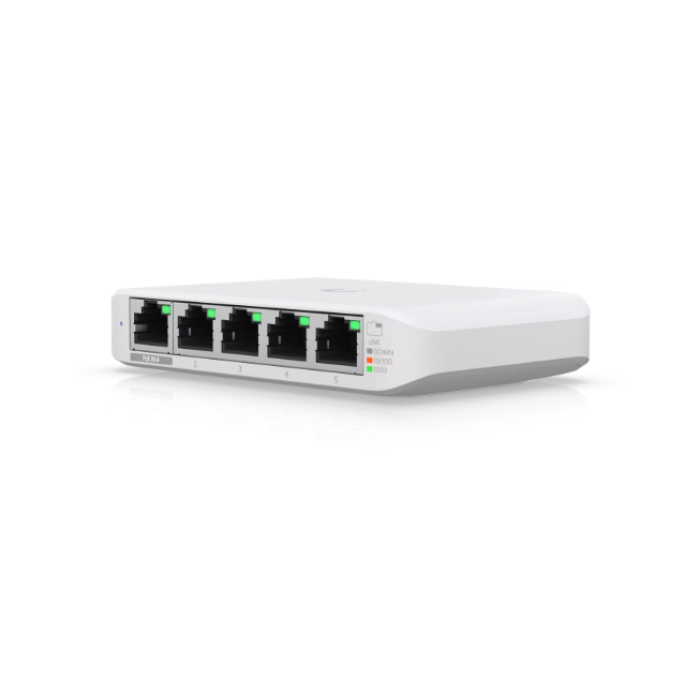 [UBT-USW-FLEX-MINI] UNIFI Switch Administrable Compacto de 5 Puertos 10/100/1000 Mbps, soporta entrada de PoE 802.3af/at - Incluye adaptador de 5V,1A