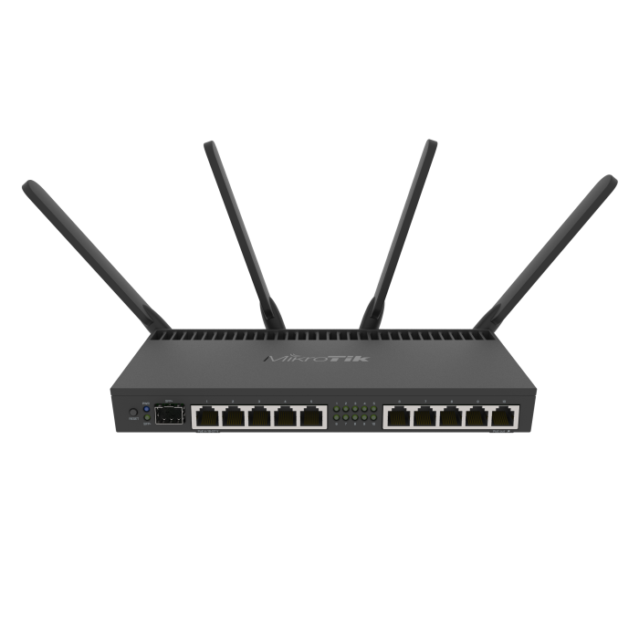 RouterBOARD 4011iGS+5HacQ2HnD con CPU Annapurna Alpine, 1 GB de RAM, LAN 10x Gbit, 1x SFP+, radios 802.11ac de 5 GHz y 802.11b/g/n de 2,4 GHz, RouterOS L5. Mikrotik