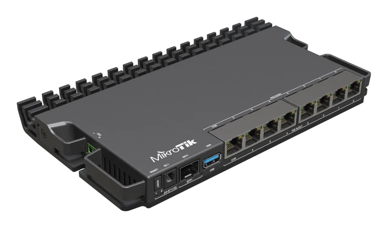 Router de 8 puertos PoE Out/In , 1 puerto SFP+, arquitectura ARM 64bit, RouterOS V.7, 1 GB Ram