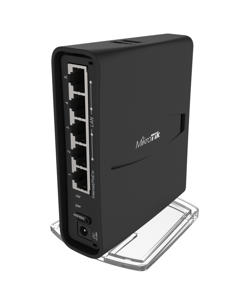 Router with 716MHz CPU, 128MB RAM, 5 x Gbit LAN, built-in 2.4Ghz 802.11b/g/n Dual Chain wireless with integrated antenna, built-in 5GHz 802.11an/ac Dual Chain wireless with integrated antenna, USB, RouterOS L4. Microtik